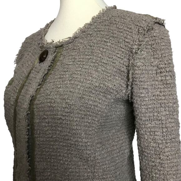 Isabel Marant Taupe Boucle Tweed Woven Snap Button Leather Trim Coat Jacket 0 - Picture 13 of 16